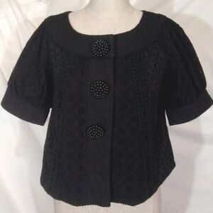 Kensie crop short sleeve pea coat, crochet lace, black decor buttons, S(like a 4